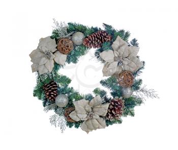 White Poinsettia flower and pine cone Christmas wreath isolated on white background. 