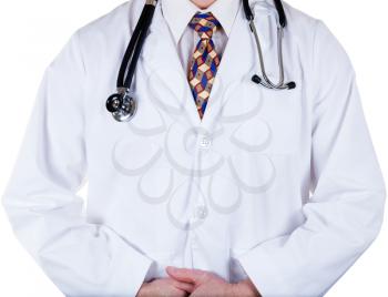 Partial front view of doctor with white jacket and stethoscope on white background.  