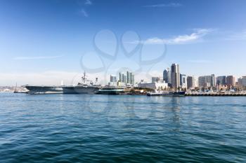 Ocean view of the skyline of San Diego, California during a bright day.  