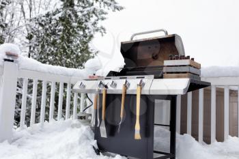 Barbecue cooker with beer and beef meat ready for use in winter time