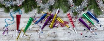 Christmas and Happy New Year decorations on white rustic wood  