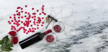 Time to celebrate a Happy Valentines Day with lots of romantic gifts on marble stone background setting  