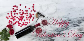 Time to celebrate a Happy Valentines Day with lots of romantic gifts on marble stone background setting plus holiday text message