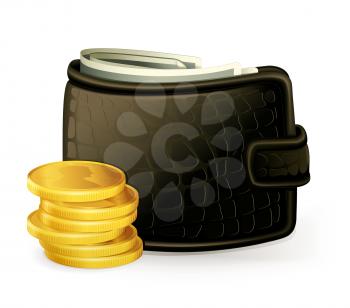 Wallet and coins, vector