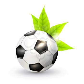 Soccer ball and green leaves