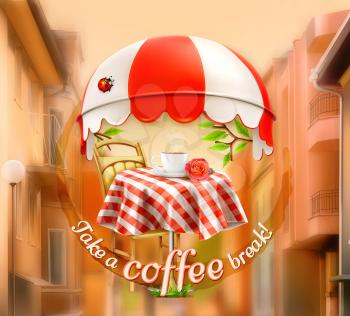 Cafe, coffee and pastry shop, a cup of coffee with rose on a table, awning with ladybug. Street background, invitation to a break, lunch time, vector advertising sign for cafe and coffee shops