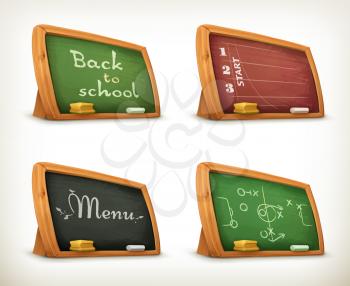 Chalkboards, school sport menu vector set
