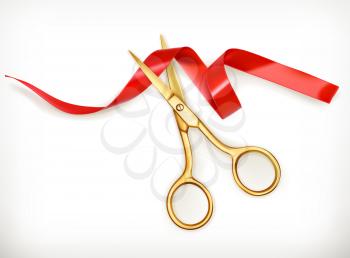 Golden scissors cut the red ribbon, vector object
