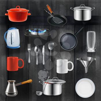 Kitchen utensils, vector set on black wooden background