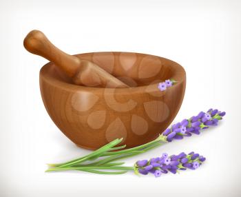 Lavender and wooden mortar, vector icon
