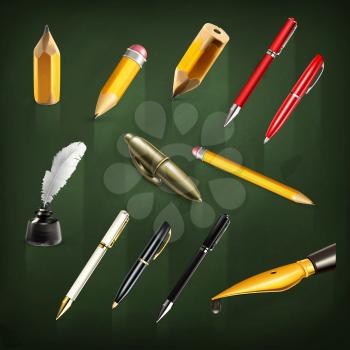 Pens and pencils, set vector icons