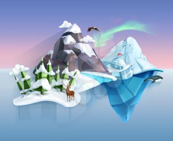 Polar nature, winter wonderland, low poly style landscape, vector infographic