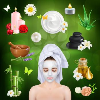 Spa, beauty and care vector icons set on green background
