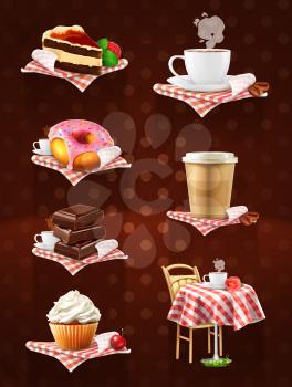 Street cafe, chocolate, cupcake, cake, cup of coffee, donut, vector icon set on dark background