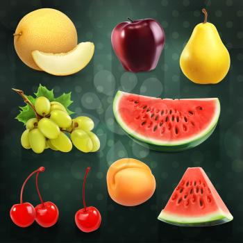 Summer fruits, set of vector illustrations on dark background