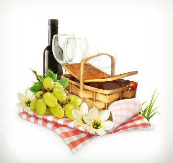 Time for a picnic, nature, outdoor recreation, a tablecloth and picnic basket, wine glasses and grapes, vector illustration showing the summertime