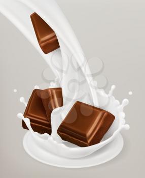 Milk splash and chocolate. 3d vector object. Natural dairy products