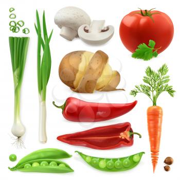 Realistic vegetables. Potato, tomato, green onions, peppers, carrot and pea pod. Isolated 3d vector icon set