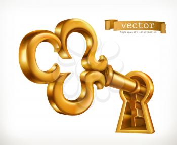 Golden key in keyhole, 3d vector icon