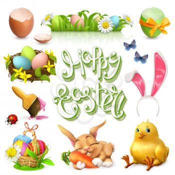 Happy Easter lettering and 3d vector icon set