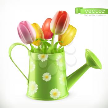 Watering can and a bouquet of tulips, spring flowers 3d vector icon