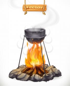 Pot over the campfire. Camping, outdoor cooking. 3d vector icon