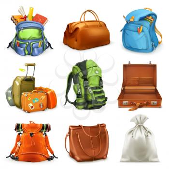 Bags set. Backpack, schoolbag, suitcase, sack, 3d vector icon