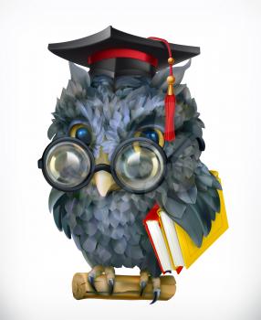 Wise owl. Cartoon character, mascot. 3d vector icon
