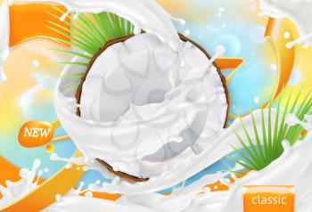 Coconut milk. White cream splash. 3d realistic vector, package design