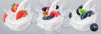 Forest fruit yogurt. Strawberry, raspberry, blueberry. Mixed berry and milk splashes. 3d realistic vector icon set