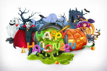 Happy Halloween. Pumpkin, cat, witch, vampire, crypt and lettering, 3d vector emblem