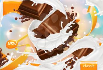Milk and chocolate. White cream splash. 3d realistic vector, package design
