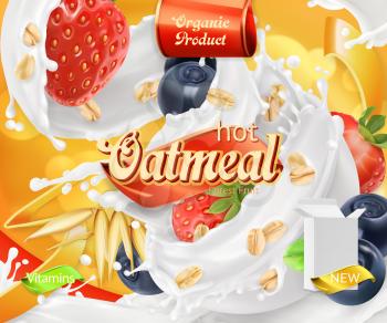 Oatmeal. Oat grains, strawberry, blueberry and milk splashes. 3d realistic vector, package design
