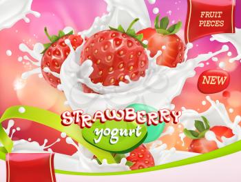 Strawberry yogurt. Fruits and milk splashes. 3d realistic vector, package design