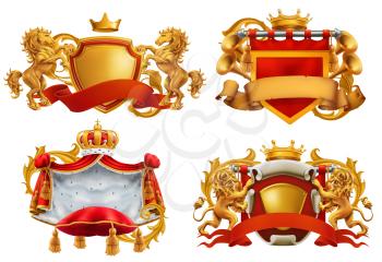 Royal coat of arms. King and kingdom. 3d vector emblem set