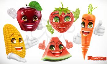 Corn, apple, strawberry, watermelon, carrot. Funny cartoon characters. Kids food, 3d vector set icon