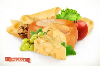 Cheese, fruits and vegetables. 3d vector icon