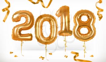 Golden toy balloons. Happy New Year 2018. 3d vector icon