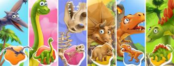 Dinosaurs cartoon character. Brachiosaurus, pterodactyl, tyrannosaurus rex, dinosaur skeleton, triceratops, stegosaurus. Funny animals 3d vector icon set