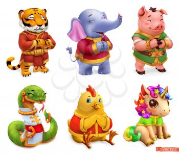 Funny animals. Tiger, elephant, pig, snake, chicken, unicorn. 3d vector icon set