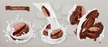 Coffee beans and milk splashes. 3d vector realistic set