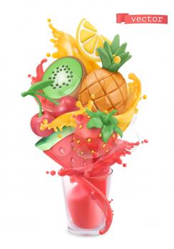 Fruit and berries burst. Sweet tropical fruits and mixed berries. Watermelon, pineapple, strawberry, kiwi, cherry, lemon and splashes of juice. Plasticine art 3d vector object