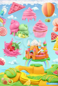 Sweet candy land. 3d vector object set. Plasticine art illustration