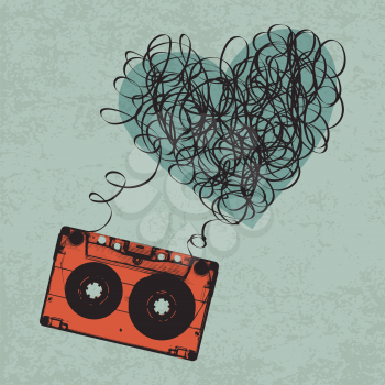Vintage audiocassette illustration with heart shaped messy tape. Vector, Eps10