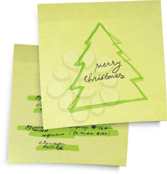 Business yellow sticky notes with Merry Christmas tree. Vector illustration, EPS10.