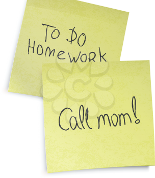 Call mom reminder. Text on yellow sticky notes, vector, EPS10.
