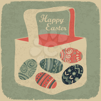 Easter basket with eggs. Retro style easter background.
