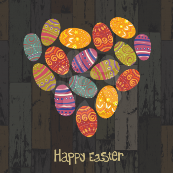 Easter eggs. Heart shaped on wooden planks background. Vector, EPS10