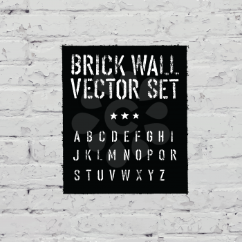 Brick traced texture, stencil alphabet and grunge rectangle. Three in one.  Vector set