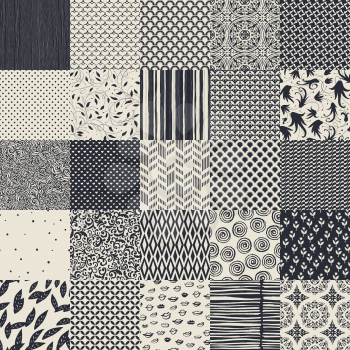 25 seamless different vector monochrome patterns. Geometric, floral, ornamental, hand drawn patterns collection. 
